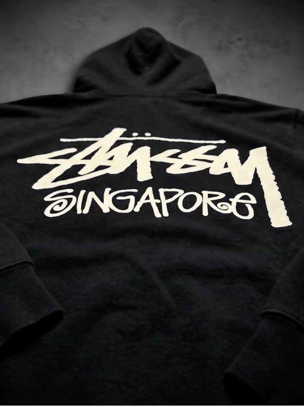 Stussy Black Hoodie with White Singapore Script